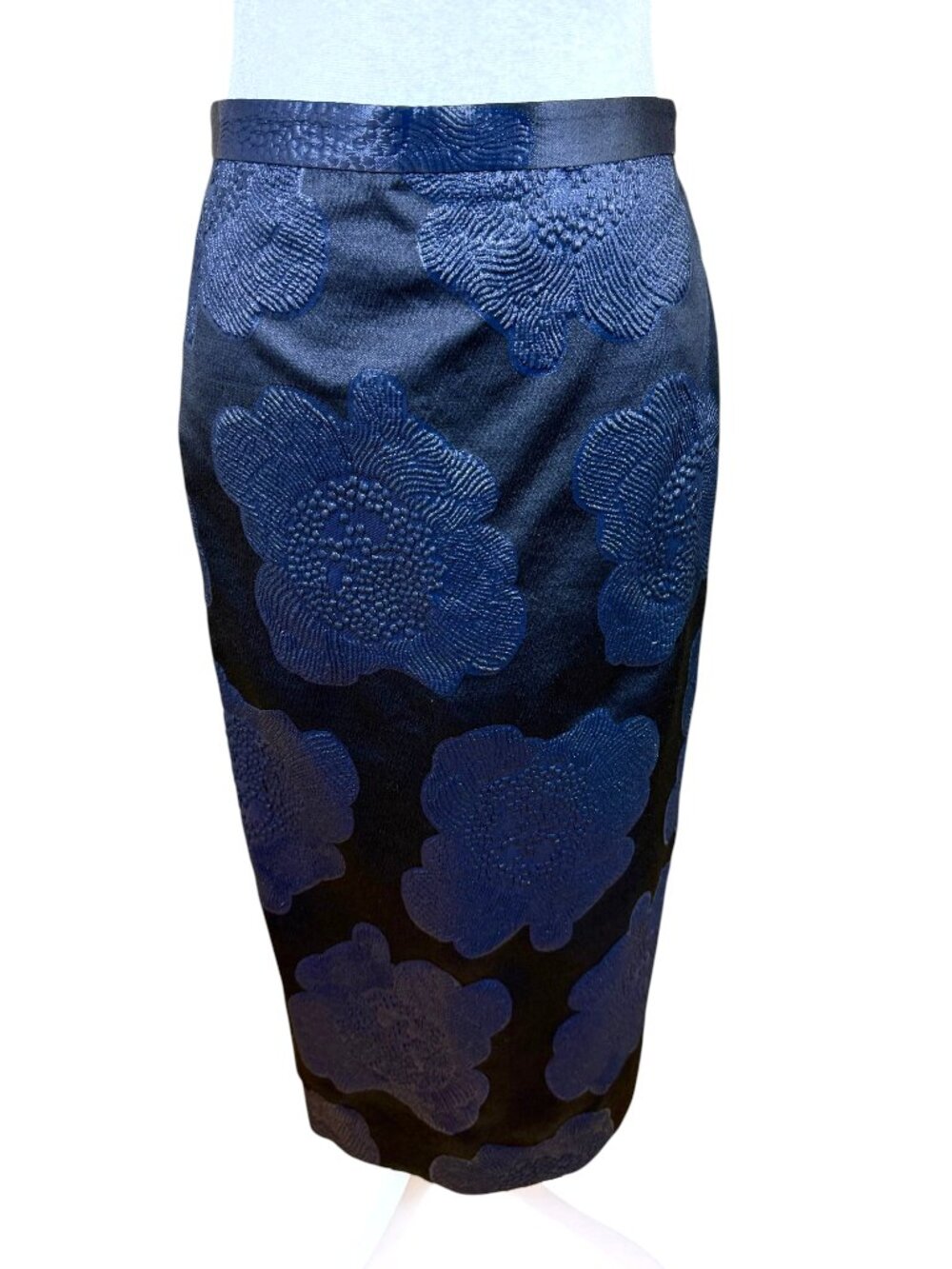 Raoul Statement Midi Skirt Textured Floral Metallic Navy Blue Black (12)